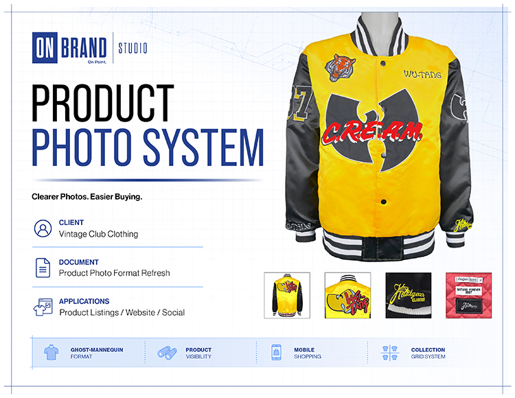 Ecommerce product photo system with ghost mannequin apparel presentation for Vintage Club Clothing
